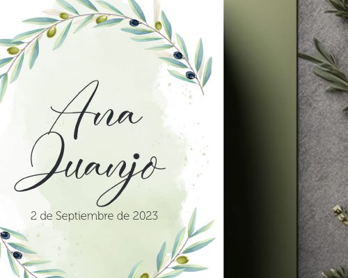 invitación de olivo de ana y juanjo diseñada por tipi weddings. boda realizada en Baserri maitea.